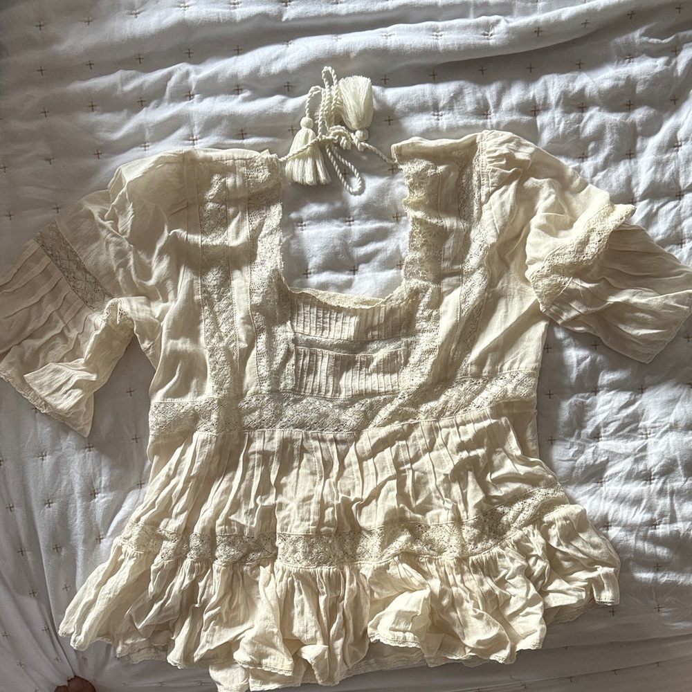 Free People Cream Boho Blouse with Tassels